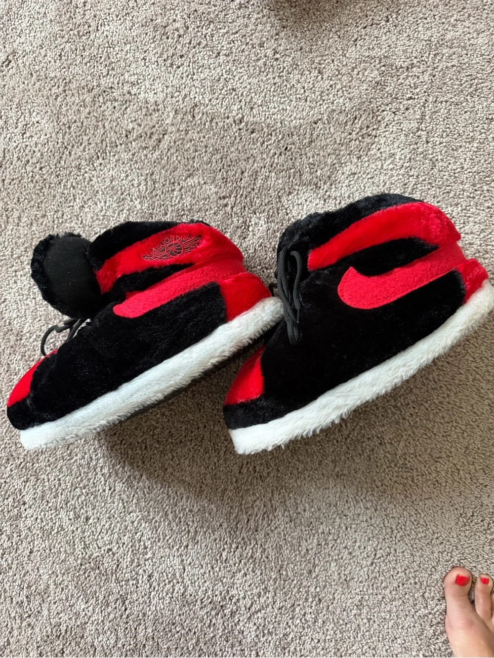 Jordan Black & Red Plush Kids Slippers with White Sole - one size fits 10+